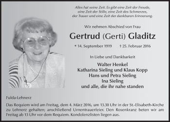 Traueranzeige von Gertrud Gladitz 