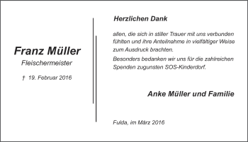 Traueranzeige von Franz Müller 