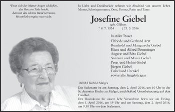 Traueranzeige von Josefine Giebel 