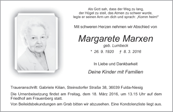 Traueranzeige von Margarete Marxen 