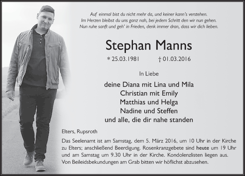  Traueranzeige für Stephan Manns vom 03.03.2016 aus 