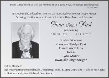 Traueranzeige von Anna Kirst 