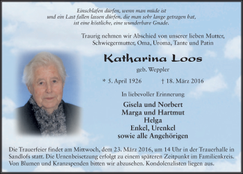 Traueranzeige von Katharina Loos 