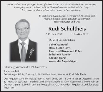 Traueranzeige von Rudi Schultheis 