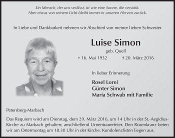 Traueranzeige von Luise Simon 