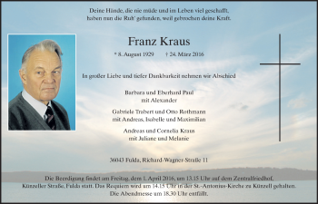Traueranzeige von Franz Kraus 