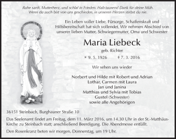 Traueranzeige von Maria Liebeck 