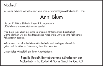 Traueranzeige von Anni Blum 