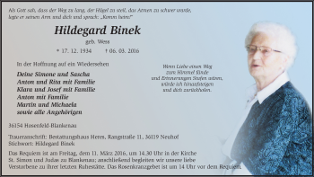 Traueranzeige von Hildegard Binek 