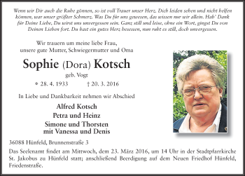 Traueranzeige von Sophie Kotsch 