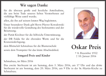 Traueranzeige von Oskar Preis 