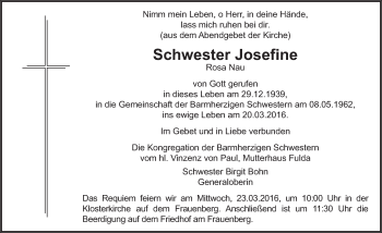 Traueranzeige von Schwester Josefine 