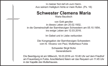 Traueranzeige von Schwester Clemens Maria 