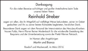 Traueranzeige von Reinhold Streber 
