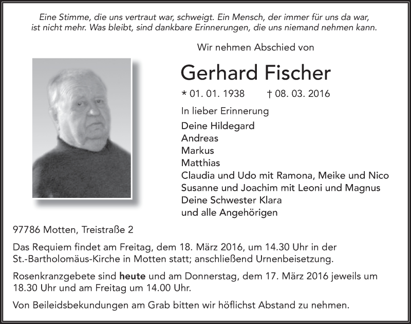  Traueranzeige für Gerhard Fischer vom 15.03.2016 aus 