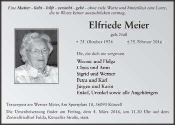 Traueranzeige von Elfriede Meier 