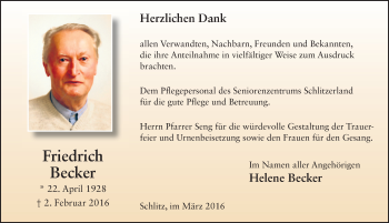 Traueranzeige von Friedrich Becker 