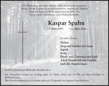 Traueranzeige von Kaspar Spahn 