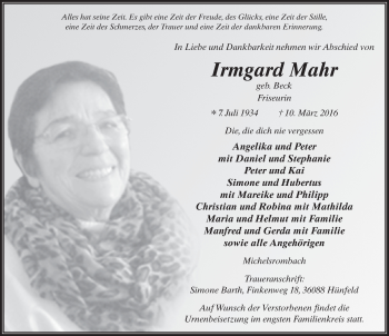 Traueranzeige von Irmgard Mahr 