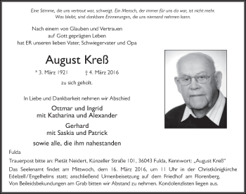 Traueranzeige von August Kreß 