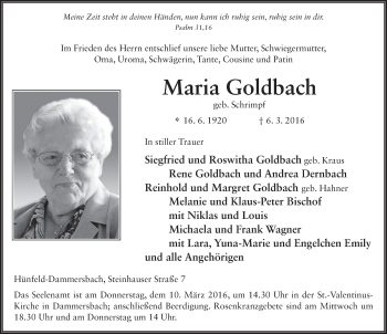 Traueranzeige von Maria Goldbach 