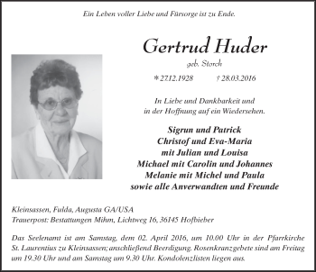 Traueranzeige von Gertrud Huder 