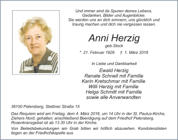 Traueranzeige von Anni Herzig 
