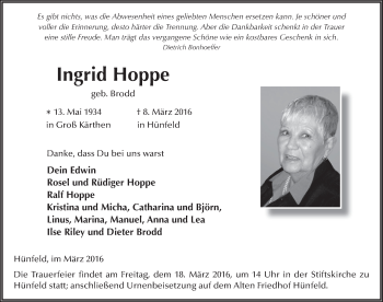 Traueranzeige von Ingrid Hoppe 