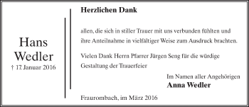 Traueranzeige von Hans Wedler 