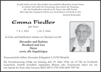 Traueranzeige von Emma Fiedler 