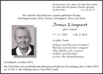 Traueranzeige von Irma Limpert 