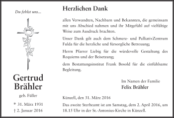 Traueranzeige von Gertrud Brähler 