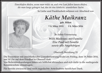 Traueranzeige von Käthe Maikranz 