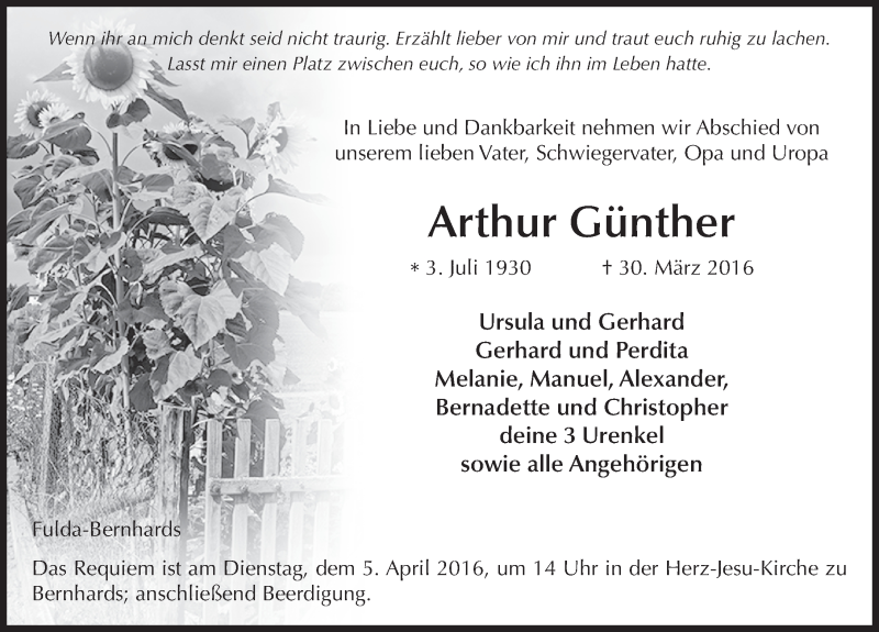  Traueranzeige für Arthur Günther vom 31.03.2016 aus 
