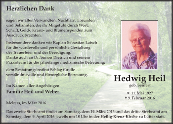 Traueranzeige von Hedwig Heil 