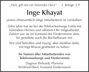 Traueranzeige von Inge Khayat 