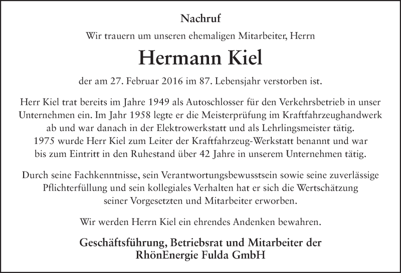  Traueranzeige für Hermann Kiel vom 01.03.2016 aus 