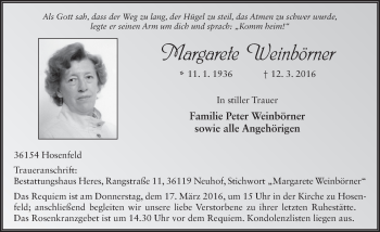 Traueranzeige von Margarete Weinbörner 