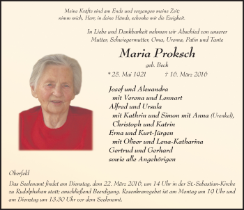 Traueranzeige von Maria Proksch 