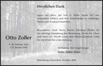 Traueranzeige von Otto Zoller 