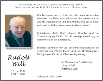 Traueranzeige von Rudolf Will 