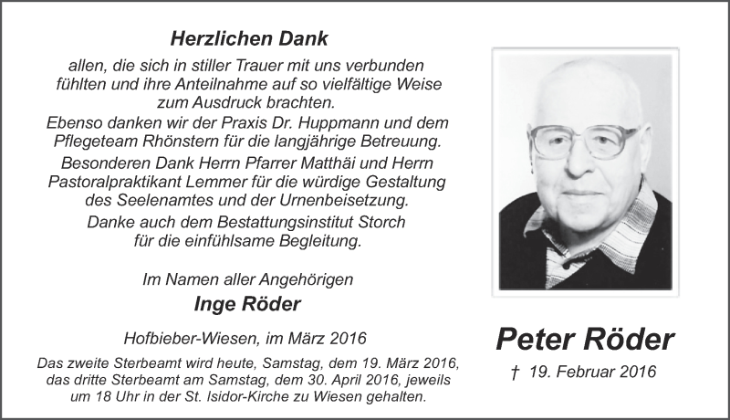  Traueranzeige für Peter Röder vom 19.03.2016 aus 