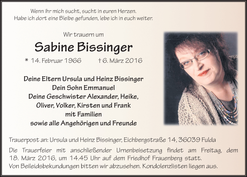  Traueranzeige für Sabine Bissinger vom 16.03.2016 aus 