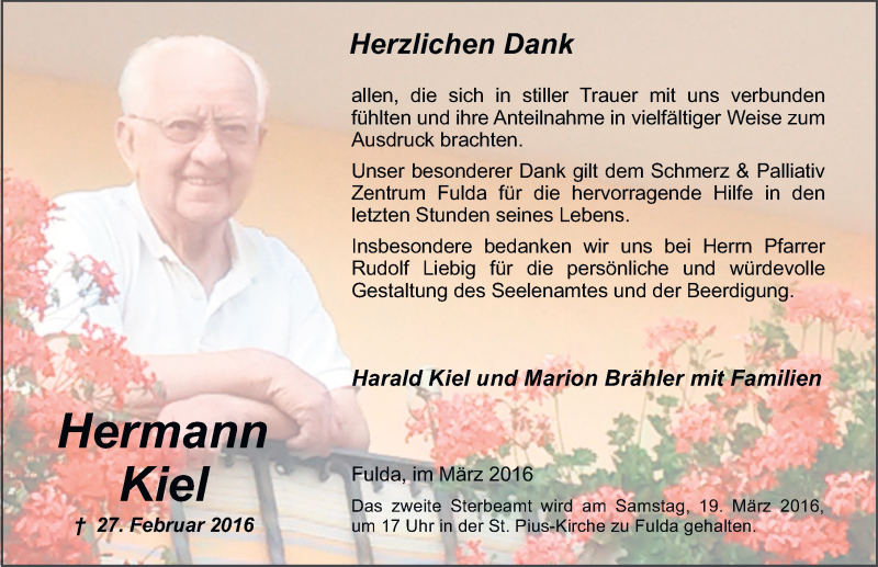  Traueranzeige für Hermann Kiel vom 16.03.2016 aus 