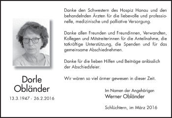 Traueranzeige von Dorle Obländer 