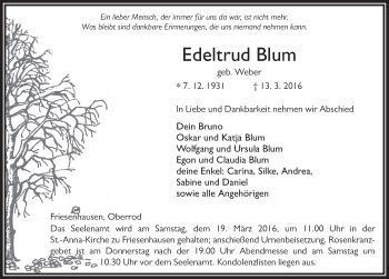 Traueranzeige von Edeltrud Blum 