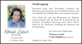 Traueranzeige von Elfriede Latsch 