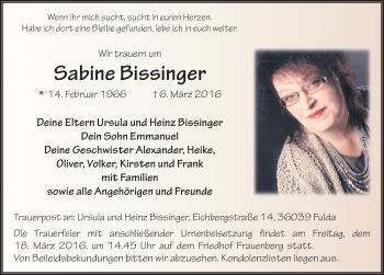 Traueranzeige von Sabine Bissinger 