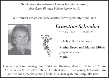 Traueranzeige von Ernestine Schreiber 