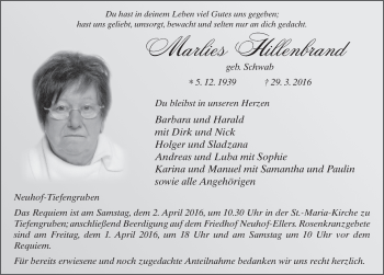 Traueranzeige von Marlies Hillenbrand 